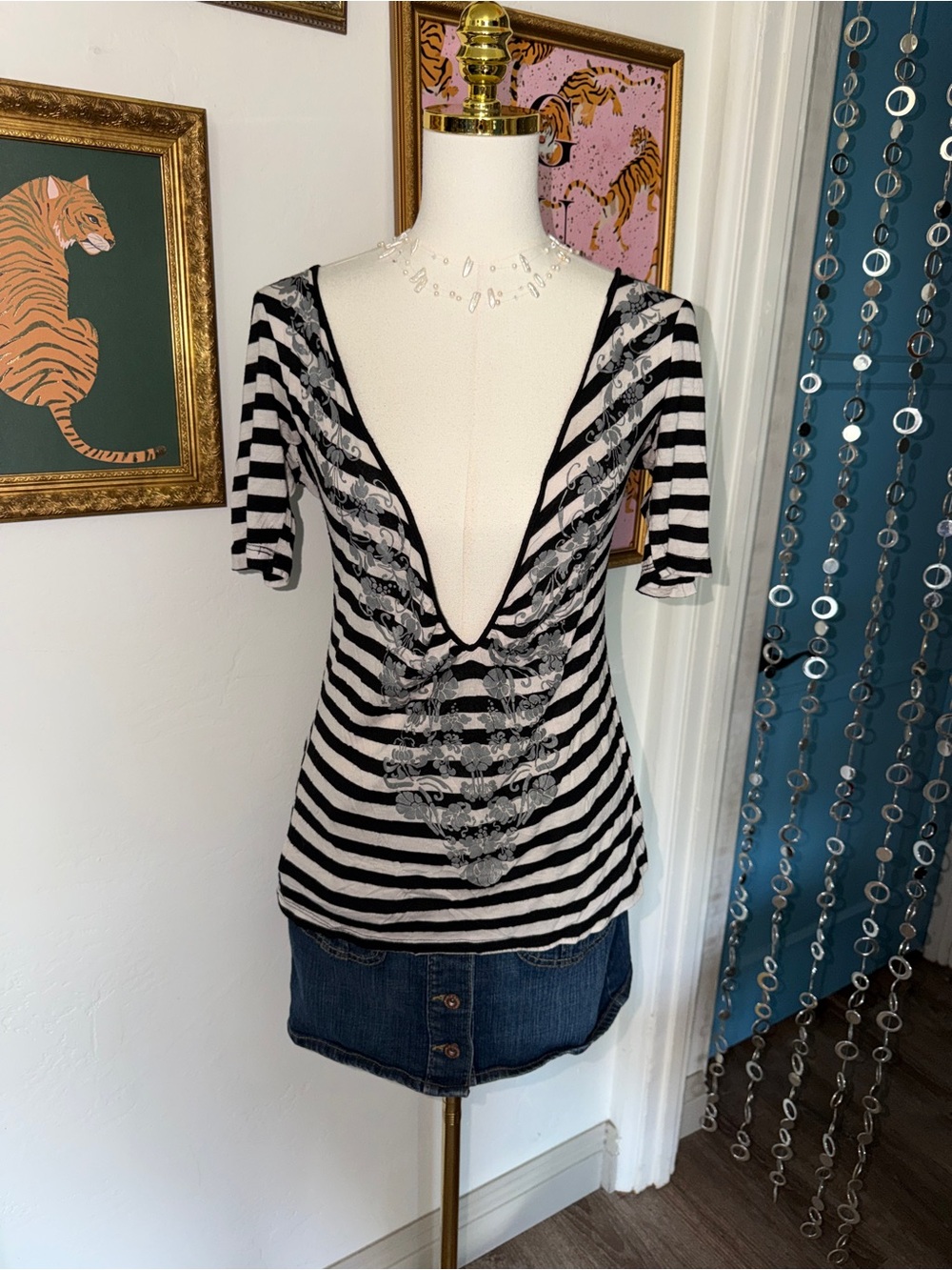 Vintage Y2K Deep V-Front Black & White Striped Women's Top